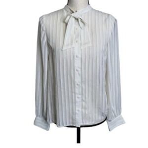 Miss Love Shirt Womens Large Sheer White Button Up Tie Neckline Pinstripe Blouse